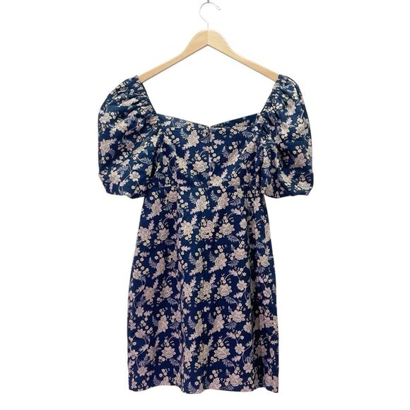 Boden Navy Floral Chintz Bloom Puff Sleeve Cut Out Mini Dress Cotton Size US 4 - Picture 3 of 11